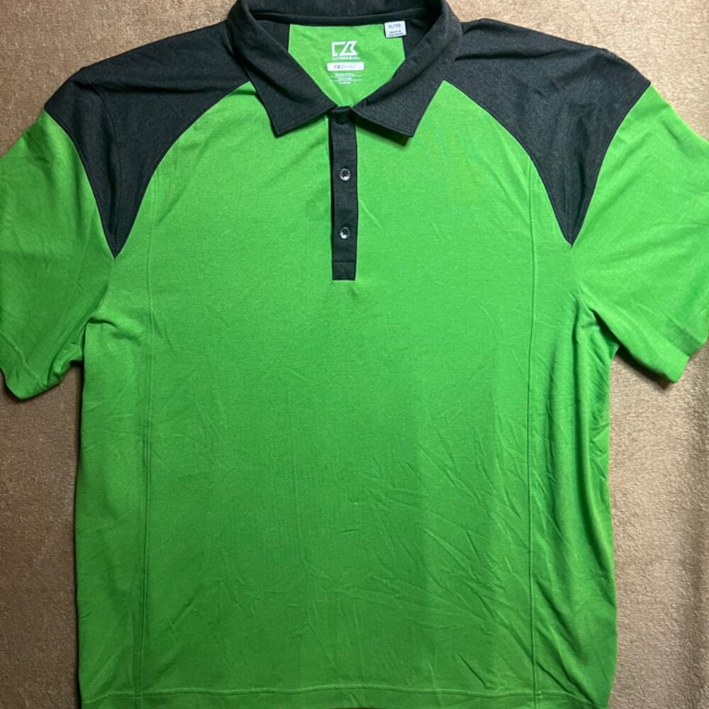 Cutters & Buck CB Dry Tec Men XL Green‎ Gray Button Polo Wicking Breathable (Z)